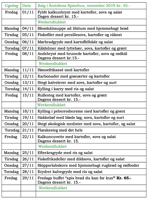 Menu -november 2019