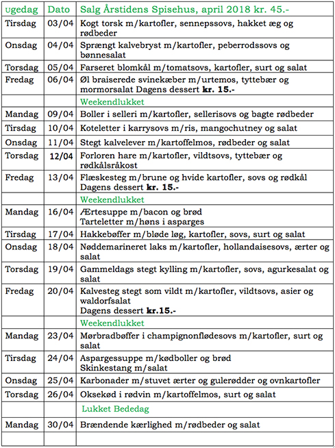 Menu -april 2018