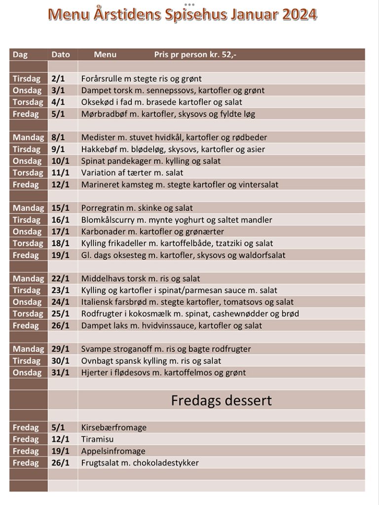 Årstidens Spisehus: Menu januar 2024